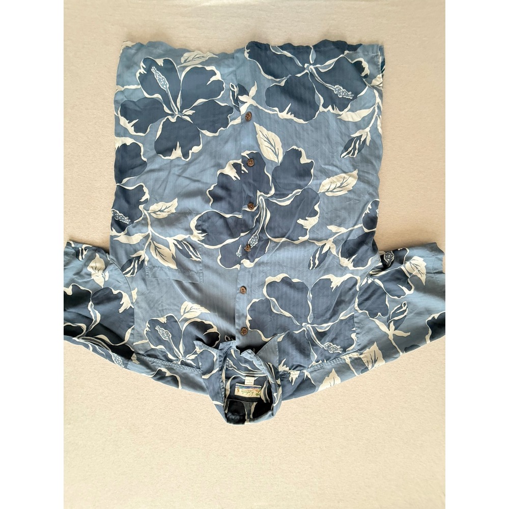 Kahala Hawaiian Islands Silk Hibiscus Floral Shirt Blue Mens Large Herringbone